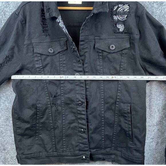 KDNK Denim Jacket Mens Extra Large Black Ripped Thrashed Paisley Grunge Rocker - Picture 6 of 7